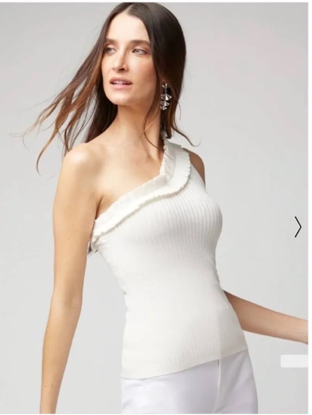White House Black Market NWT One-Shoulder Ruffle Ribbed Tank in Ivory - Picture 9 of 11